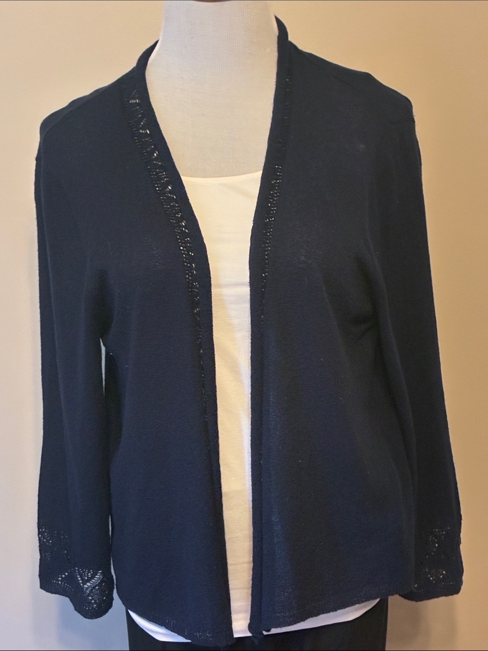 Ruby Rd. Navy Open-Front Cardigan with Eyelet Trim
